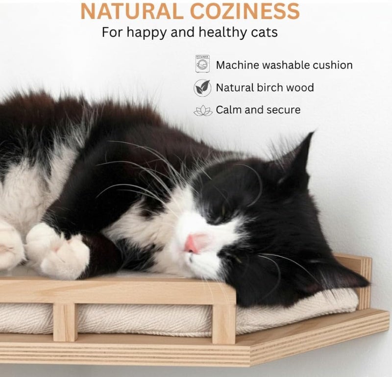 INICIO Cat Wall Shelves - Modern and Durable 3 Step Cat Furniture for Wall - Stylish Birch Floating Shelf for Cats up to 15lbs - Wooden Corner Shelves with Cushioned Perch - Natural Wood - Image 4